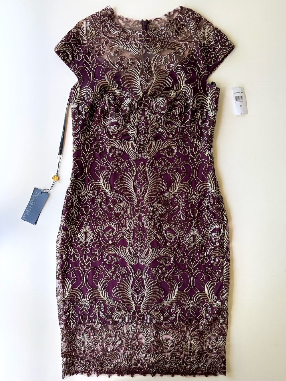 NWT Tadashi Shoji Abigail Dress Blackberry Gold Embroidered Lace Size 10 $408 - Picture 4 of 16